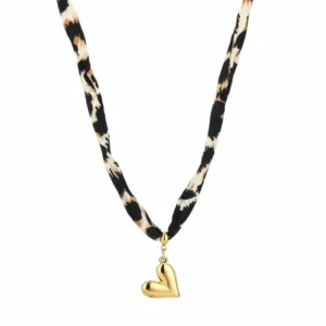 Cord ketting bruin/beige met statement hart